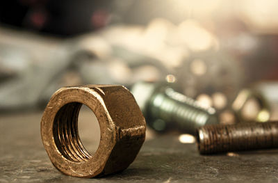 Close-up of rusty metal on table