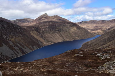 Scenic view of lake and mountains against sky