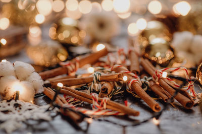 Close-up of christmas decorations on table