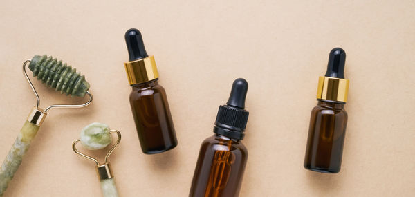 High angle view of bottles on table