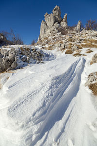 Snow covered landscape against clear blue sky