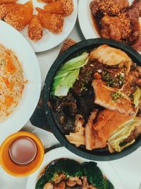 High angle view of meal served on table