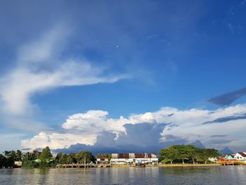 Scenic view of river against blue sky