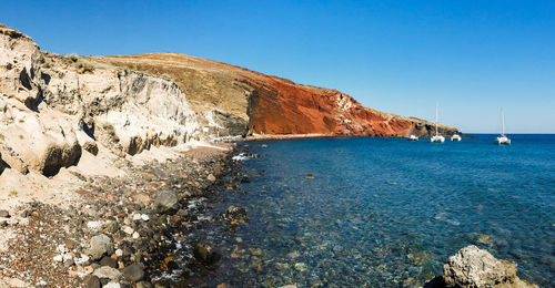 Scenic view of sea against clear blue sky