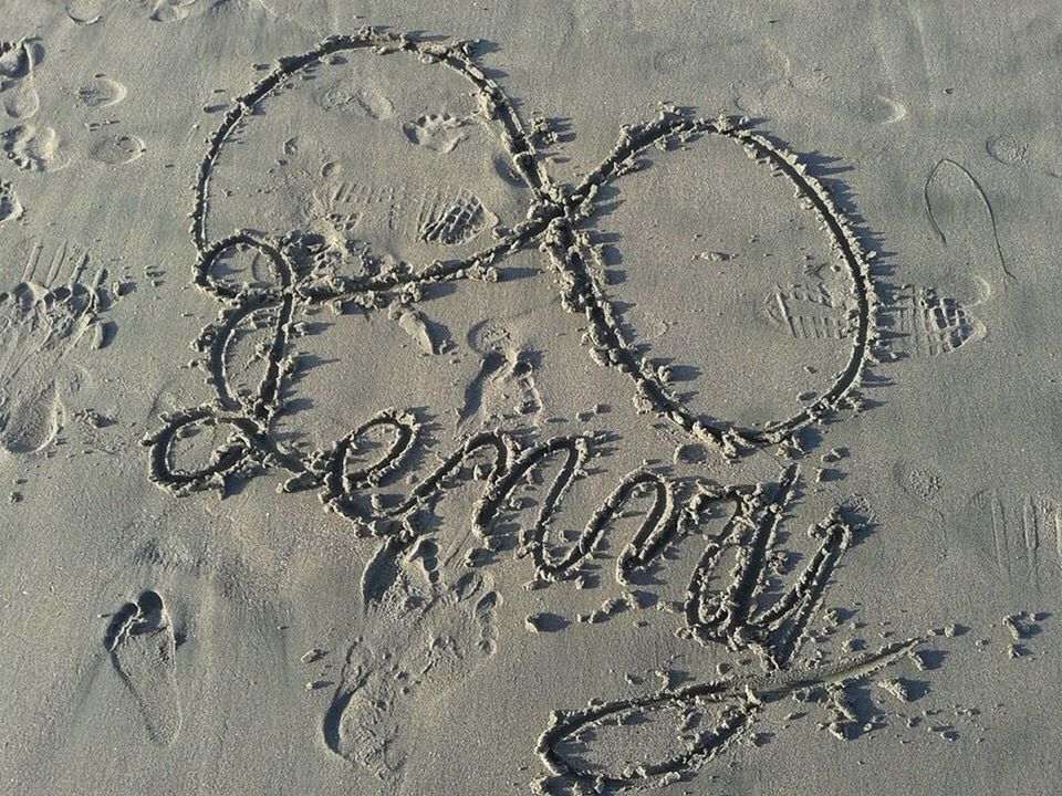 CLOSE-UP OF TEXT ON BEACH