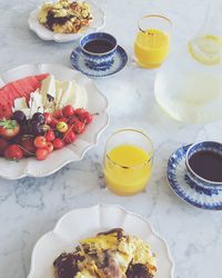 High angle view of breakfast on table