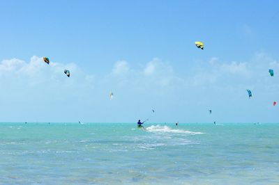 Hot air balloons flying over sea