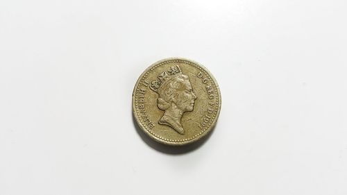 Close-up of coins on white background