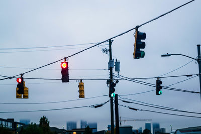 Low angle view of road signal against sky