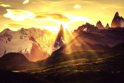 Scenic view of mountains at sunset