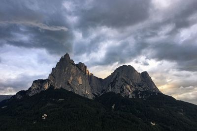 Low angle view of mountain against cloudy sky