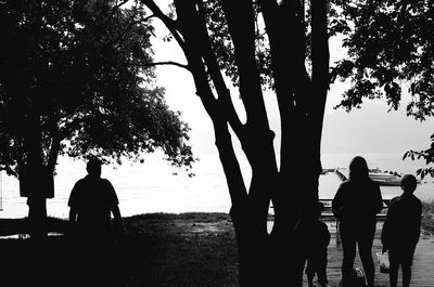 Rear view of silhouette people standing by tree against sky