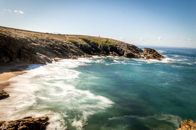 Scenic view of sea against clear blue sky