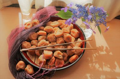 High angle view of fruits in bowl on table