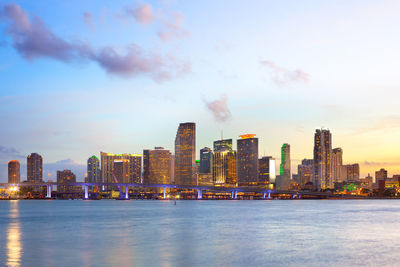 River by buildings against sky during sunset