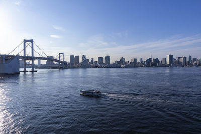 View of suspension bridge in city