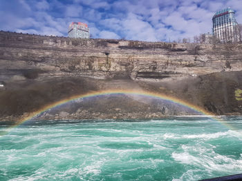 Scenic view of rainbow over city