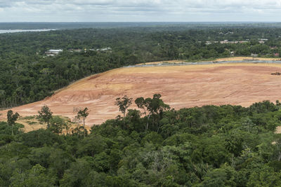 View to deforested area on green amazon rainforest near manaus