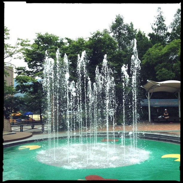 water, tree, fountain, waterfront, swimming pool, transfer print, blue, spraying, motion, auto post production filter, palm tree, clear sky, nature, splashing, beauty in nature, park - man made space, day, reflection, outdoors, growth