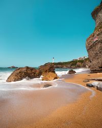 Rocks on beach against clear blue sky