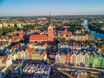 High angle view of buildings in city, aerial view of the old town in elblag, poland