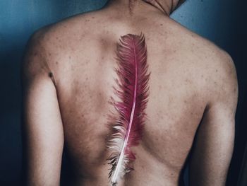 Rear vie of shirtless man with feather 