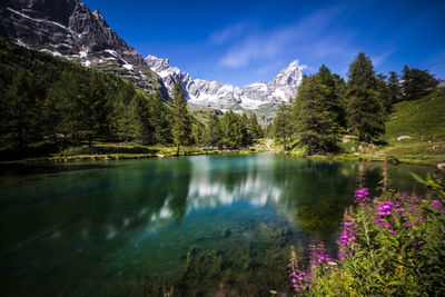 Scenic view of lake and mountains against sky