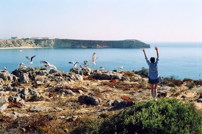 Rear view of woman with arms raised standing by birds flying at beach