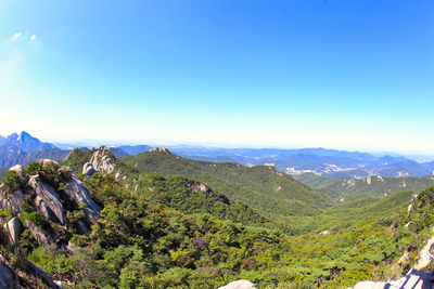 Scenic view of mountains against clear blue sky