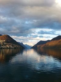 Scenic view of lake by mountains against sky