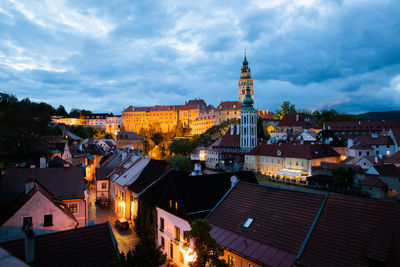 High angle view of illuminated buildings in city