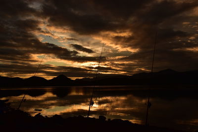 Scenic view of lake against dramatic sky during sunset