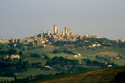 Scenic view of agricultural field against buildings against clear sky