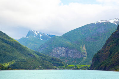 Panoramic view of geiranger fjord near geiranger seaport, norway. norway nature background
