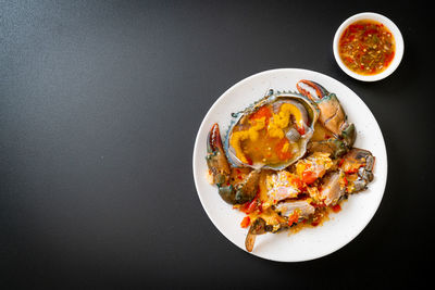 High angle view of food in plate on table