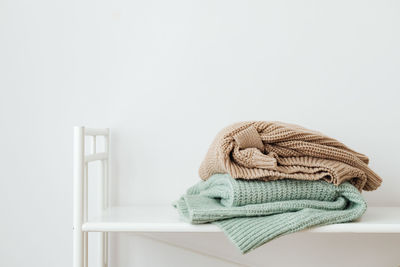 Close-up of towels on white background