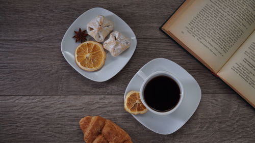 High angle view of breakfast on table