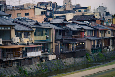 High angle view of residential buildings in city