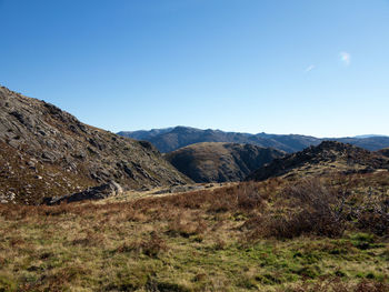 Scenic view of mountains against clear blue sky