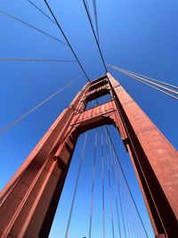 Low angle view of suspension bridge against blue sky