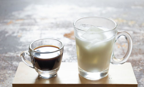 Close-up of coffee and milk on table