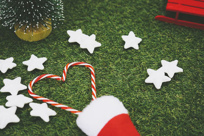 High angle view of christmas decorations on table