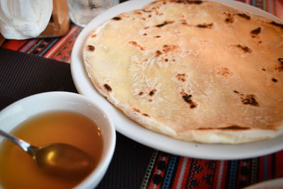 High angle view of tea in bowl on table