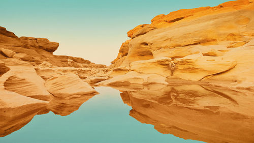 Rock formations in water against clear sky