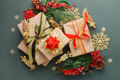 High angle view of christmas decorations on table