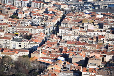 High angle view of buildings in city