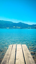 Scenic view of lake against clear blue sky