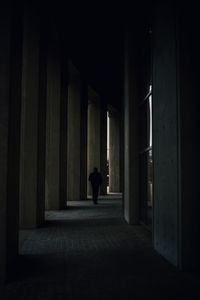 Rear view of silhouette man standing in corridor of building