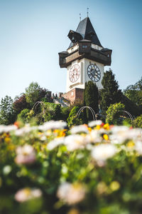 Low angle view of clock tower amidst plants against sky
