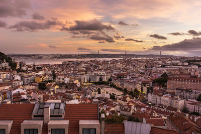 High angle view of townscape against sky at sunset